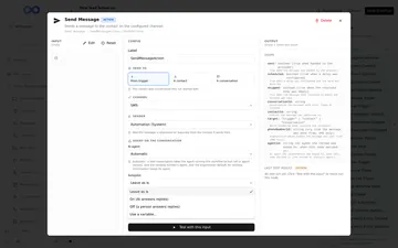 A Send Message node's panel with Agent on the conversation, AI agent set to Automatic, and the Autopilot list open on Leave as is, On (AI answers replies), Off (a person answers replies) and Use a variable